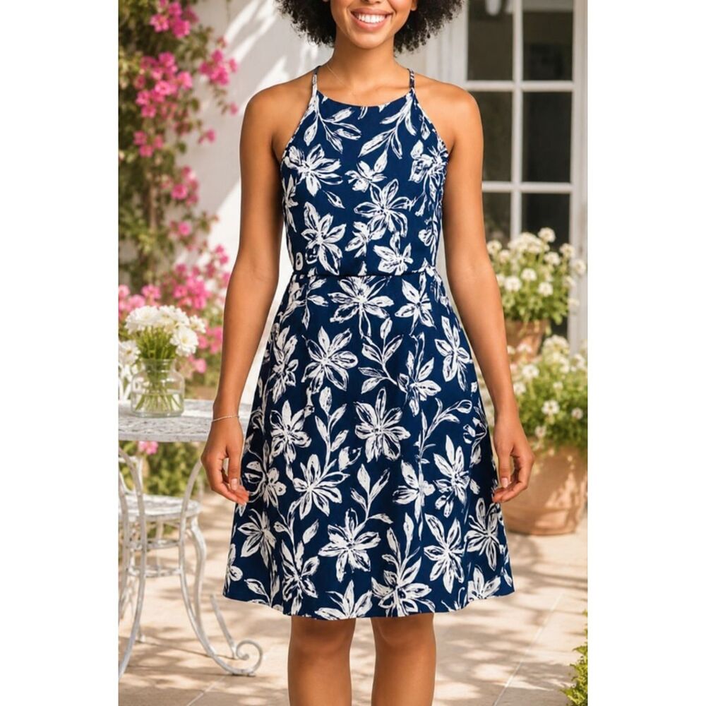 LOVE CHESLEY Navy White Floral Halter Dress Large Cottagecore Fit Flare Garden